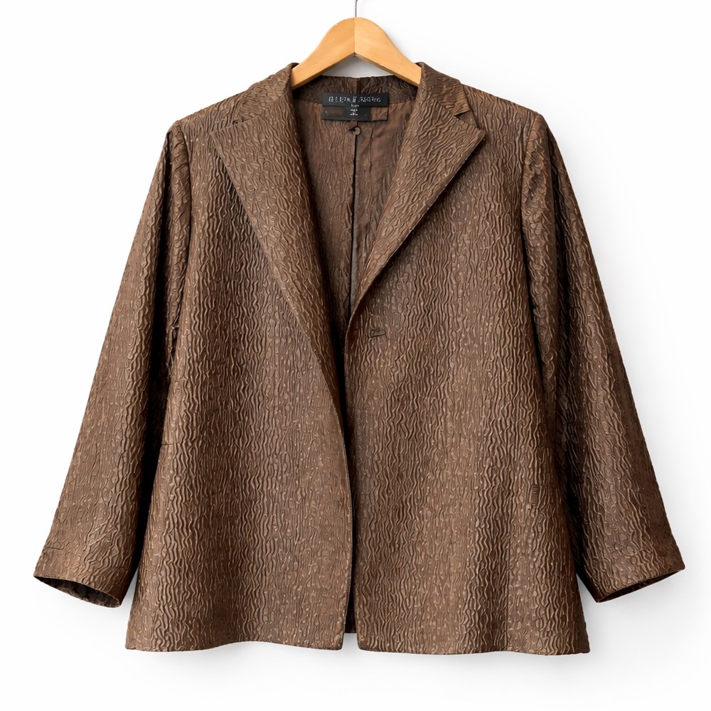 Eileen Fisher XL Silk Blend Textured Open Front Jacket Brown